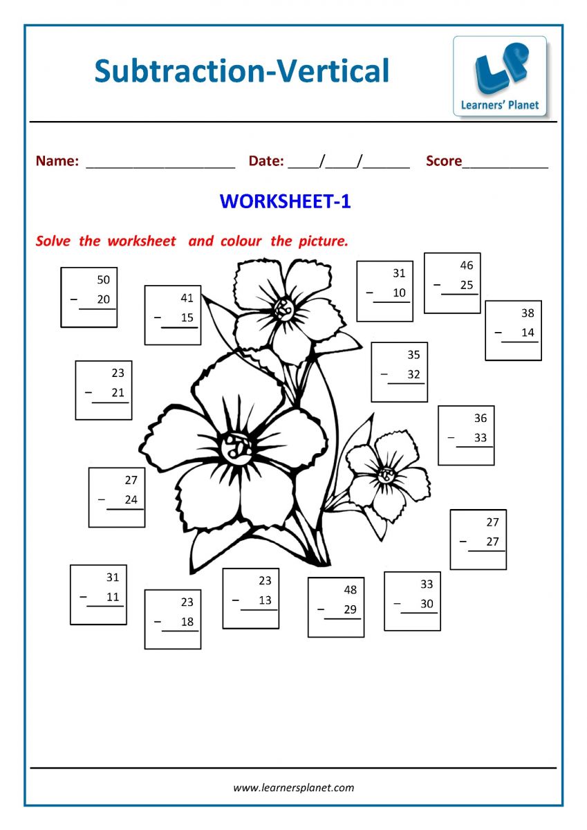 printable PDF subtraction worksheets for class 1 math