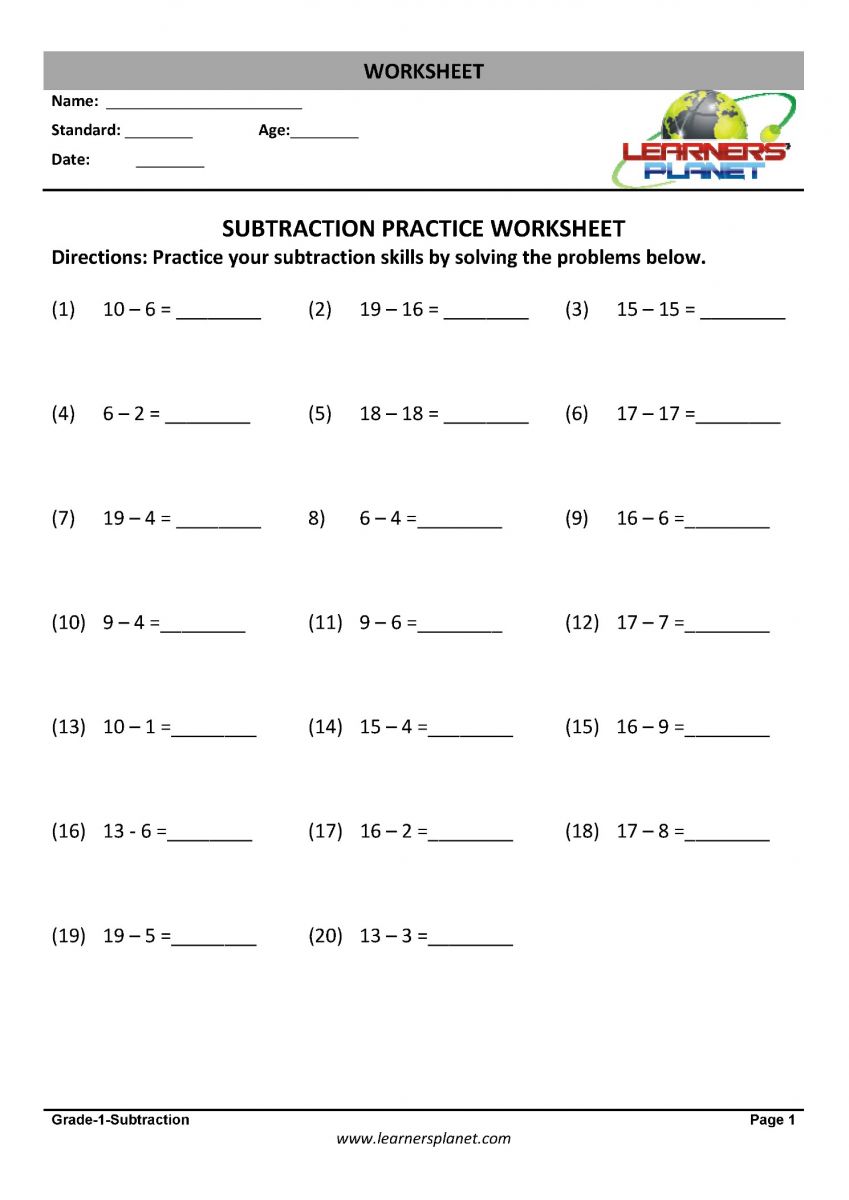 class 1 math subtraction worksheets download