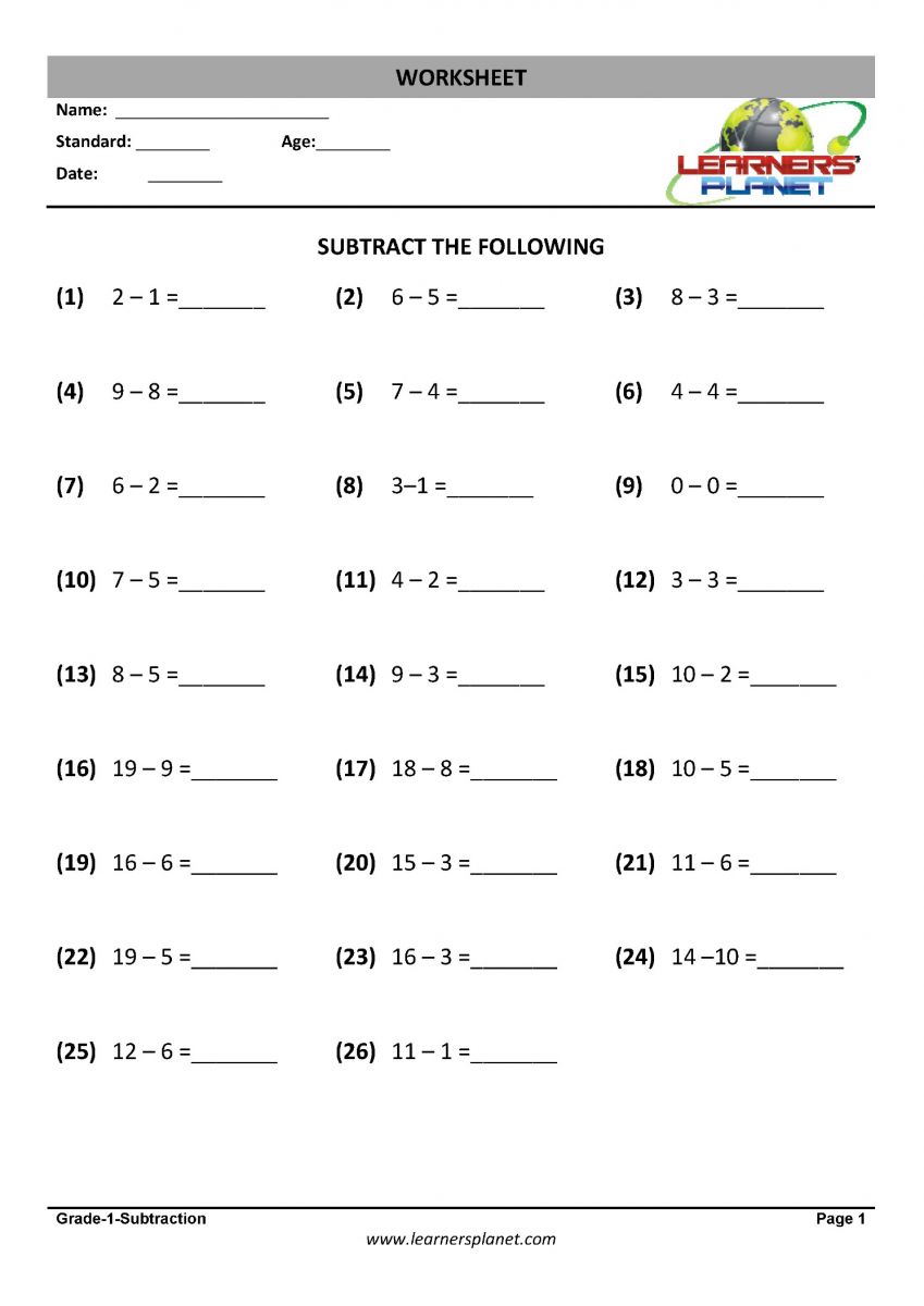 math class 1 subtraction worksheets download pdf