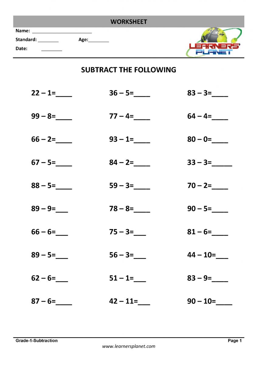 math class 1 subtraction worksheets download pdf