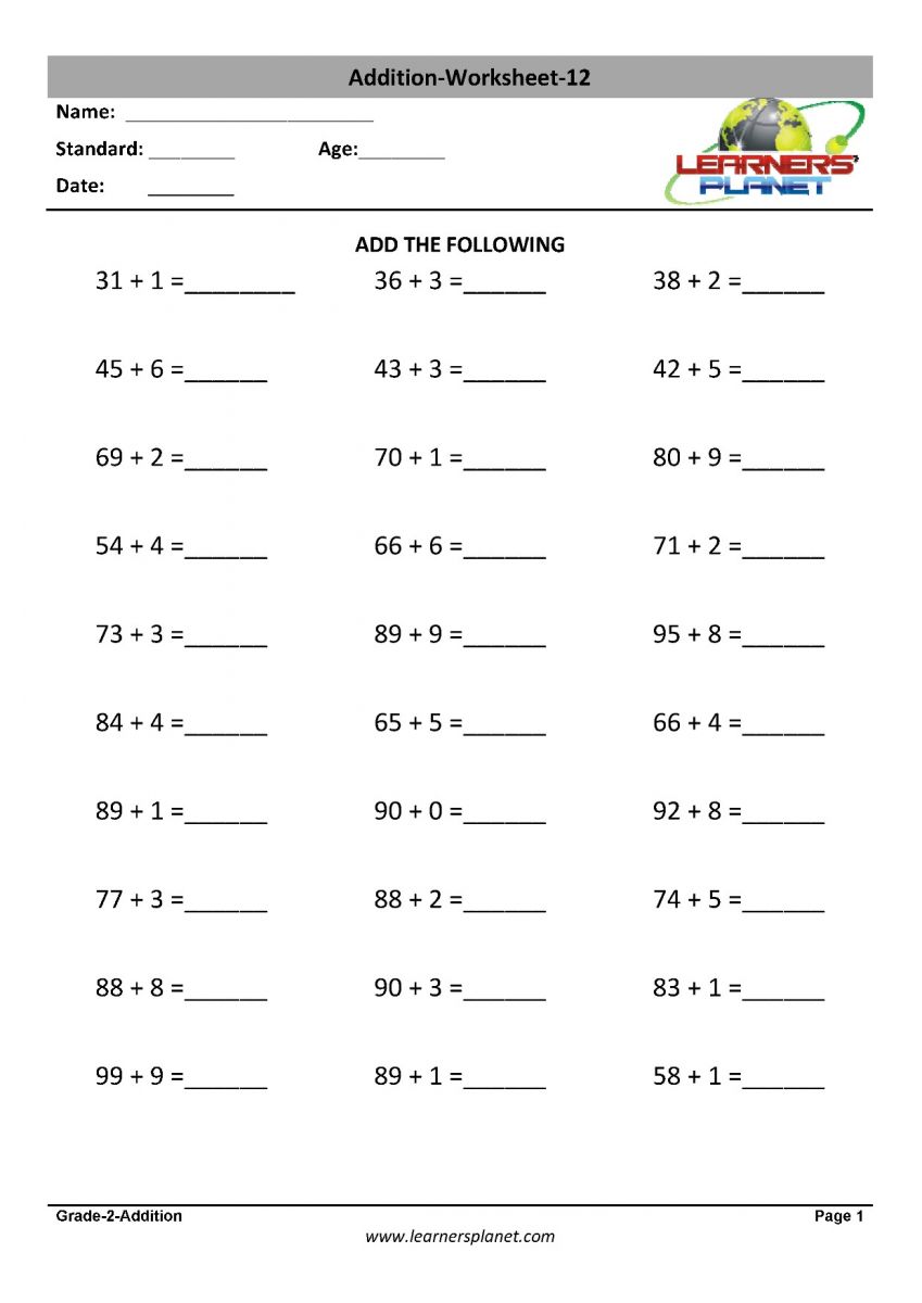 2nd class math PDF addition worksheets