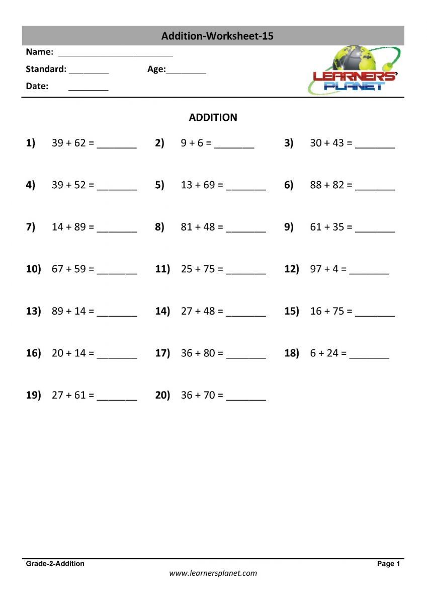 addition math worksheets download PDF