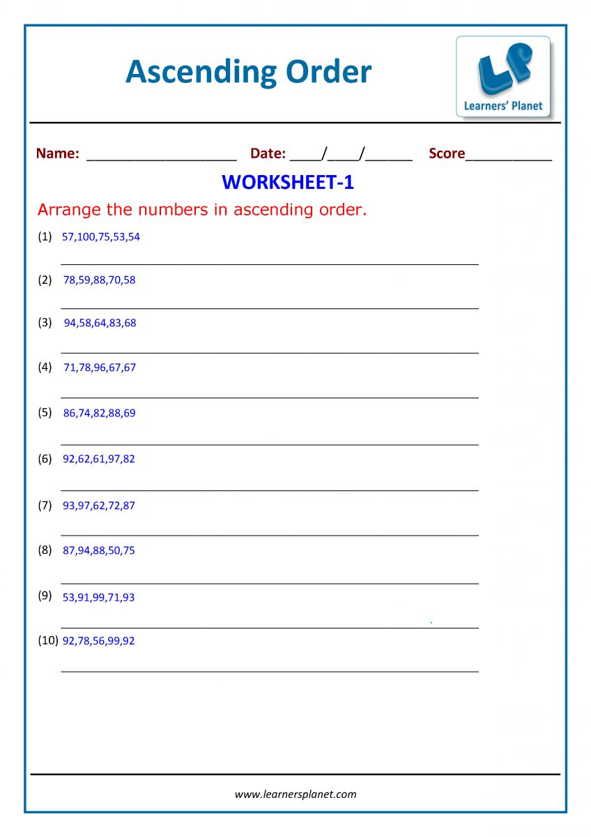 Download PDF Ascending Order worksheets for class 2