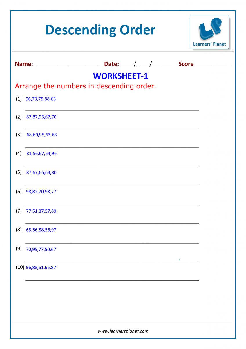Download PDF Descending Order worksheets for class 2