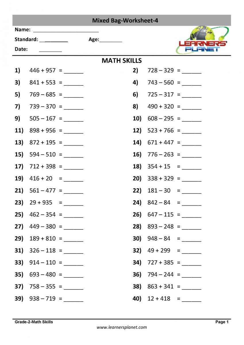 Grade 2 download PDF math addition subtraction worksheets
