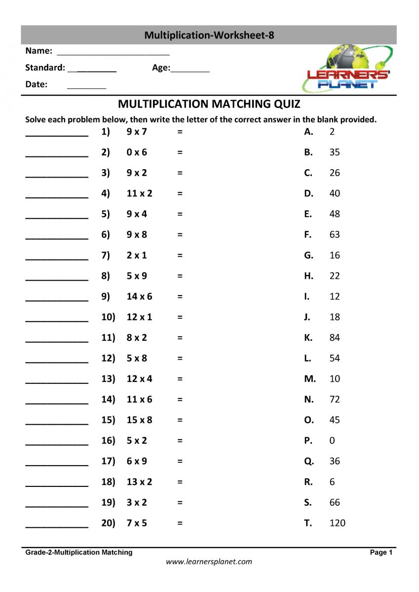 multiplication maths worksheet class 2 download PDF