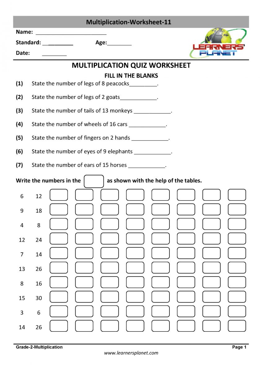 maths multiplication worksheet for cbse class 2