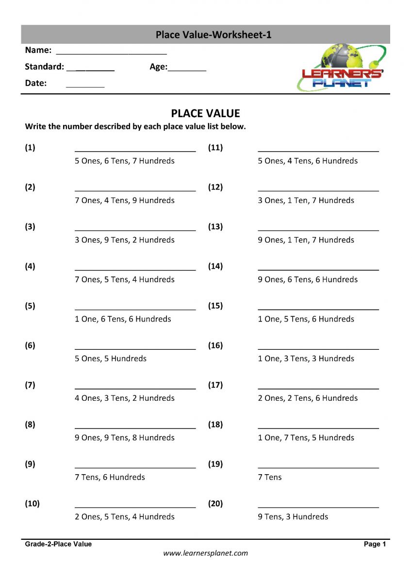 mathematics class 2 place value worksheets PDF download