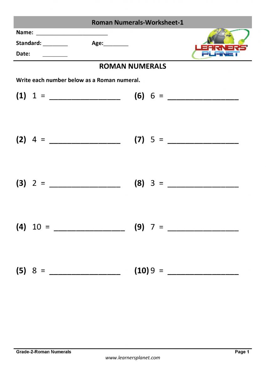 2nd class math roman numerals worksheets printable