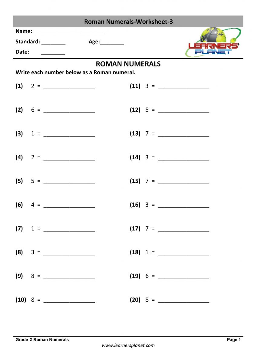 Maths roman numerals printable worksheets