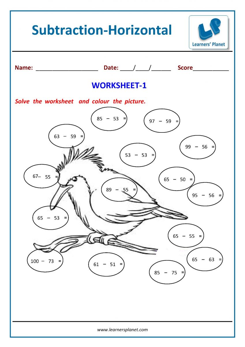 Grade 2 math worksheets horizontal subtraction