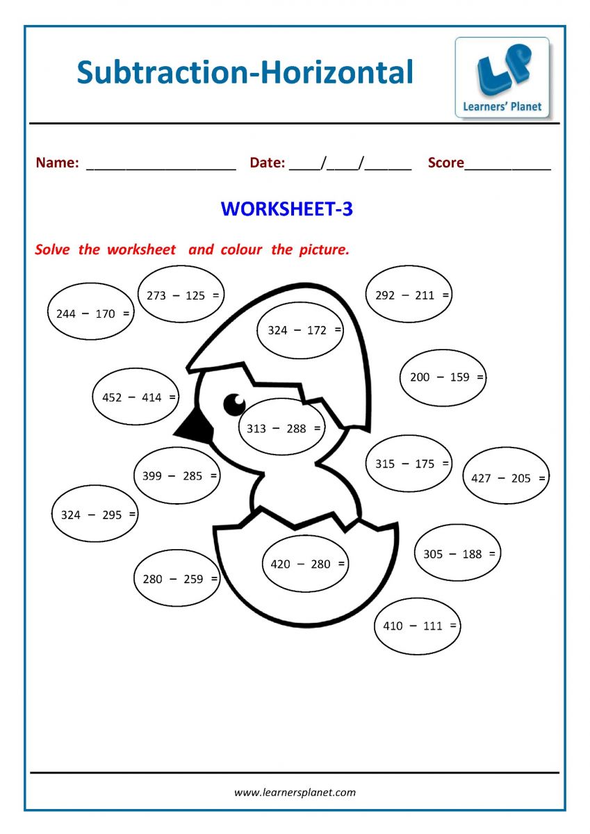 Subtraction worksheets for 2nd class math printable PDF