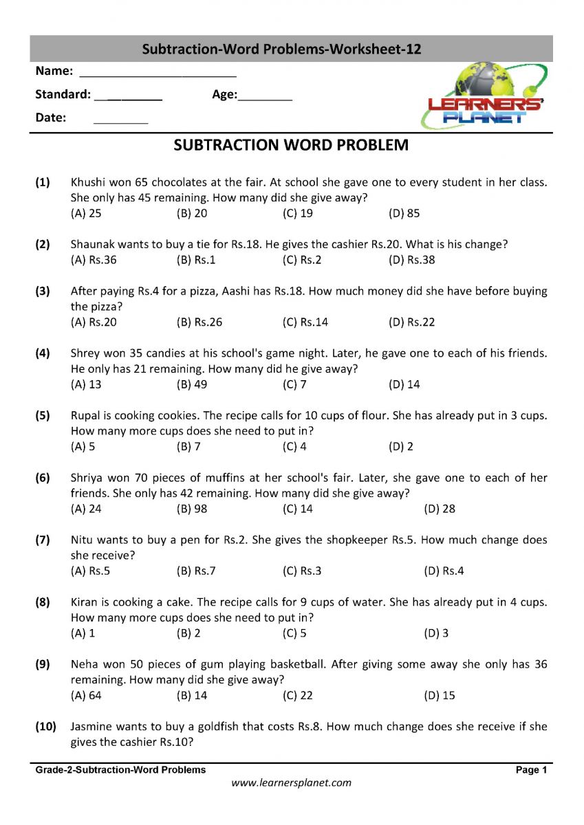 20nd grade math word problem worksheets Pertaining To Age Word Problems Worksheet