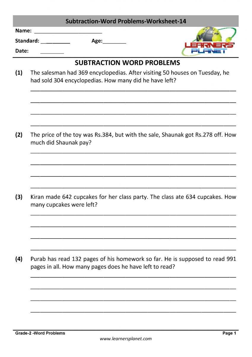 grade 2 math PDF subtraction word problem worksheets