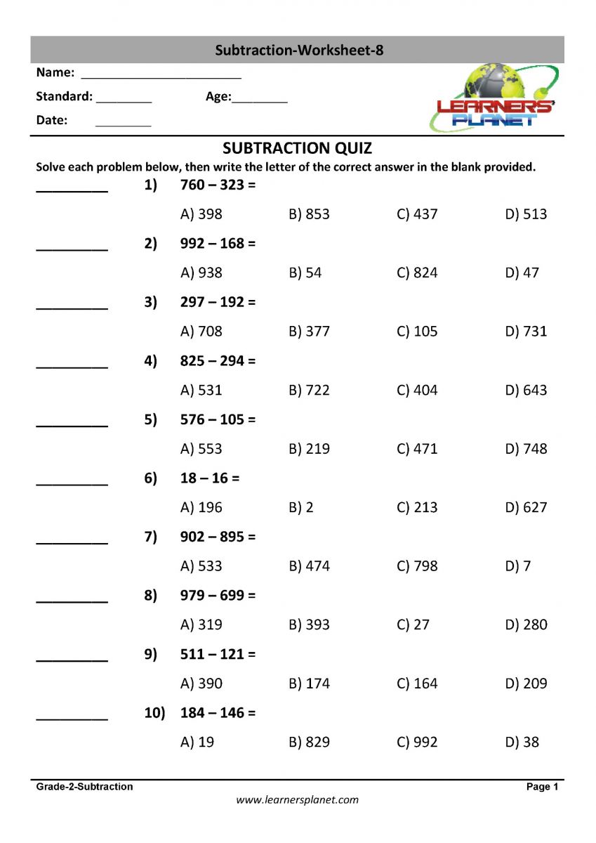 Two digit subtraction worksheets for math class 2
