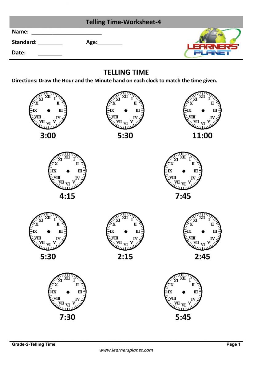 math printable worksheets telling time class 2