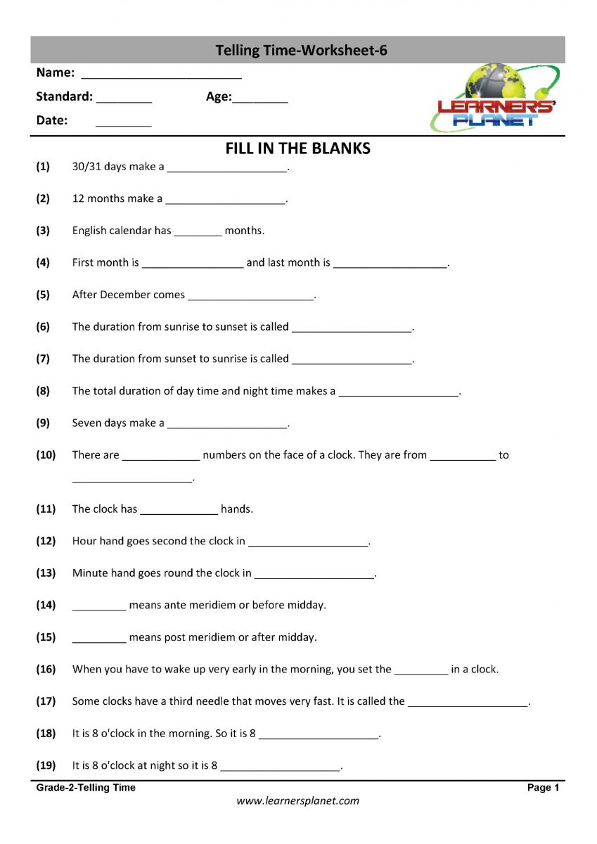 Telling time math worksheets for class 2 CBSE