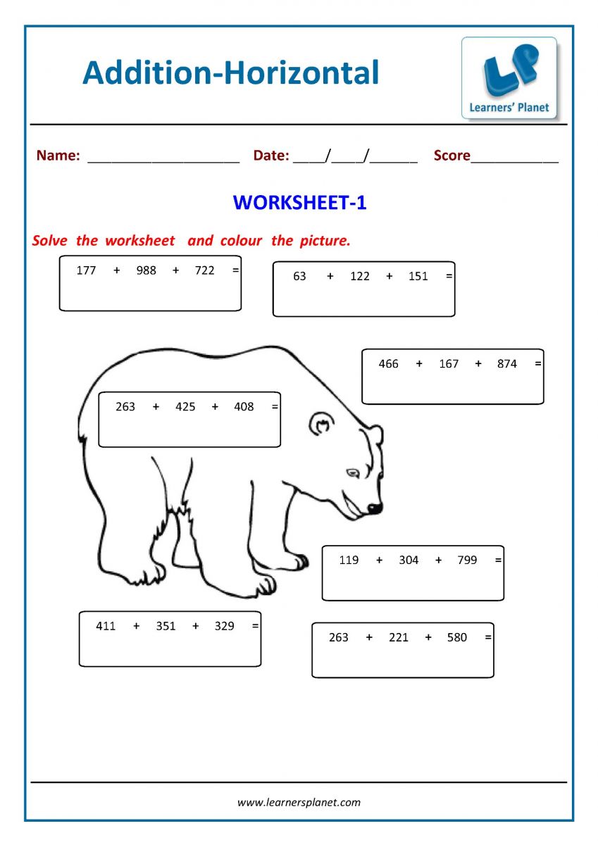 3rd math worksheets horizontal addition PDF download