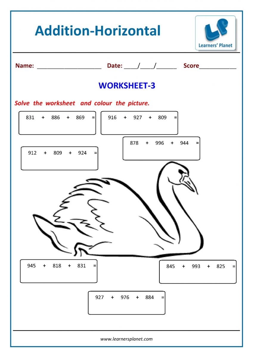 Printable addition math worksheets for class 3