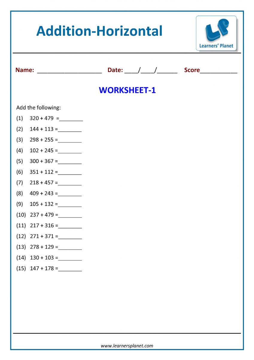 addition horizontal format worksheets for maths printables