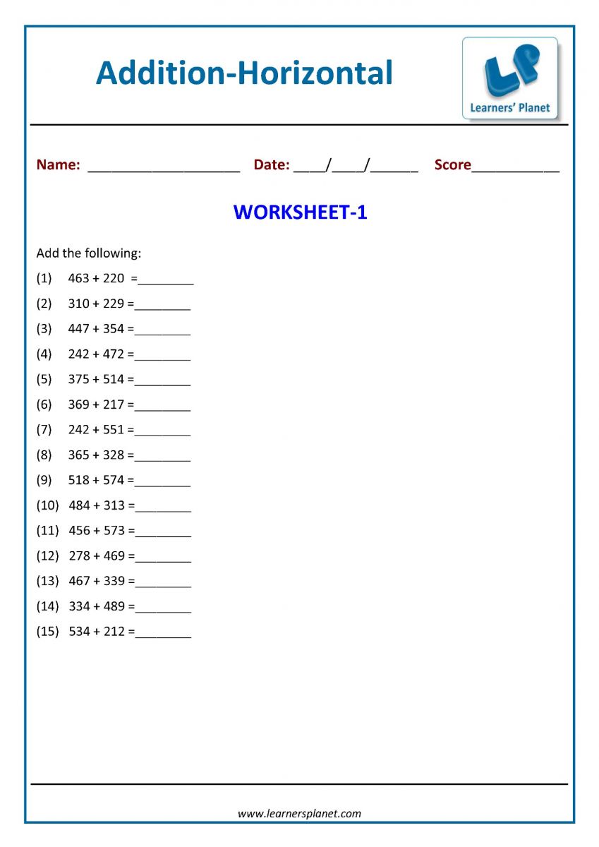Maths 3 digit horizontal addition worksheets for class 3