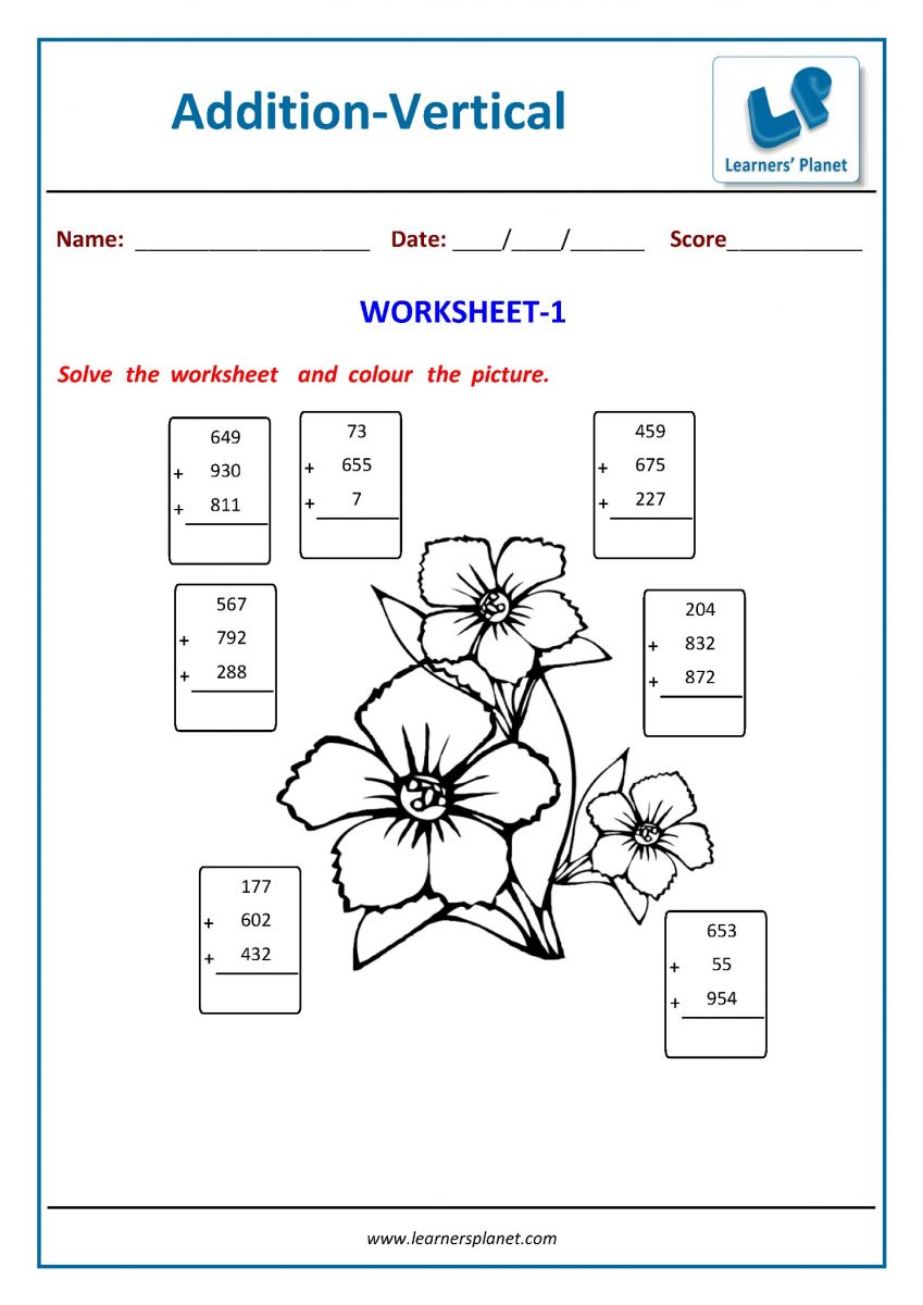 Maths PDF printable addition vertical worksheets download