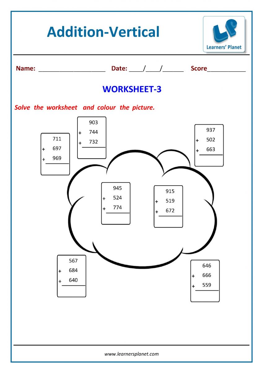 PDF worksheets class 3rd math addition