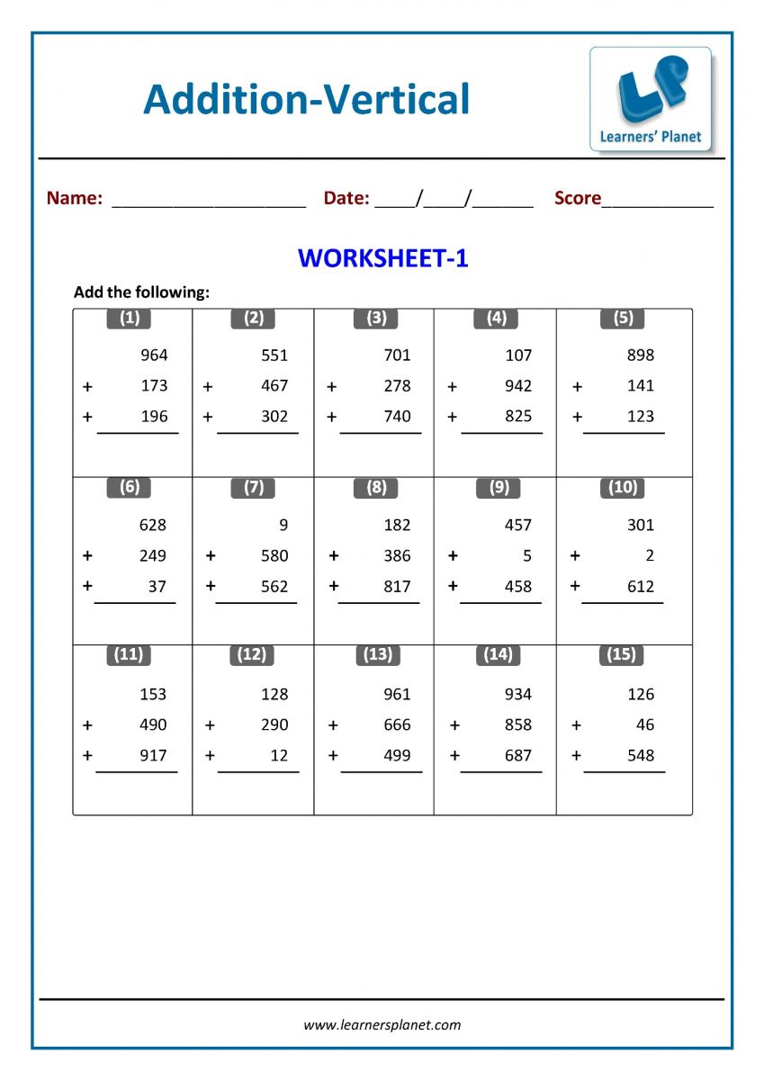 Class 3 math worksheet addition printable PDF