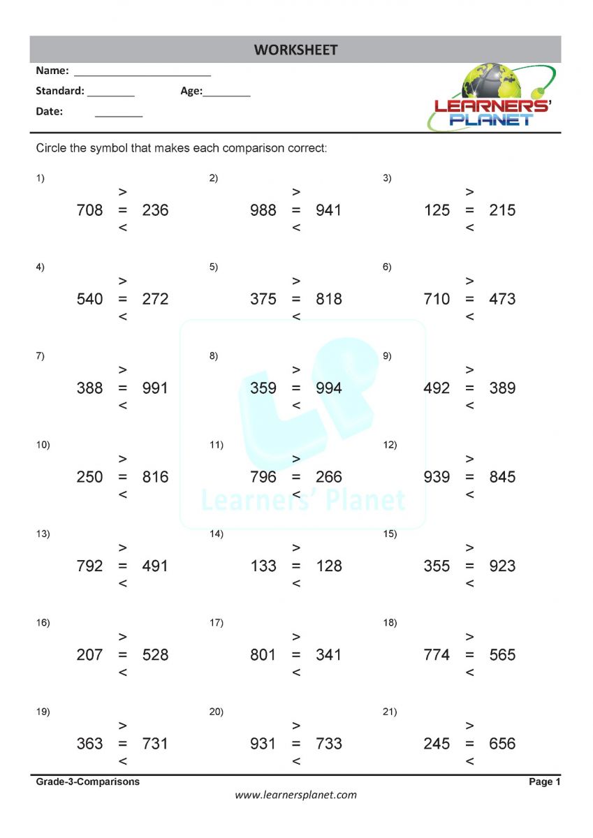 Maths comparison worksheets download PDF
