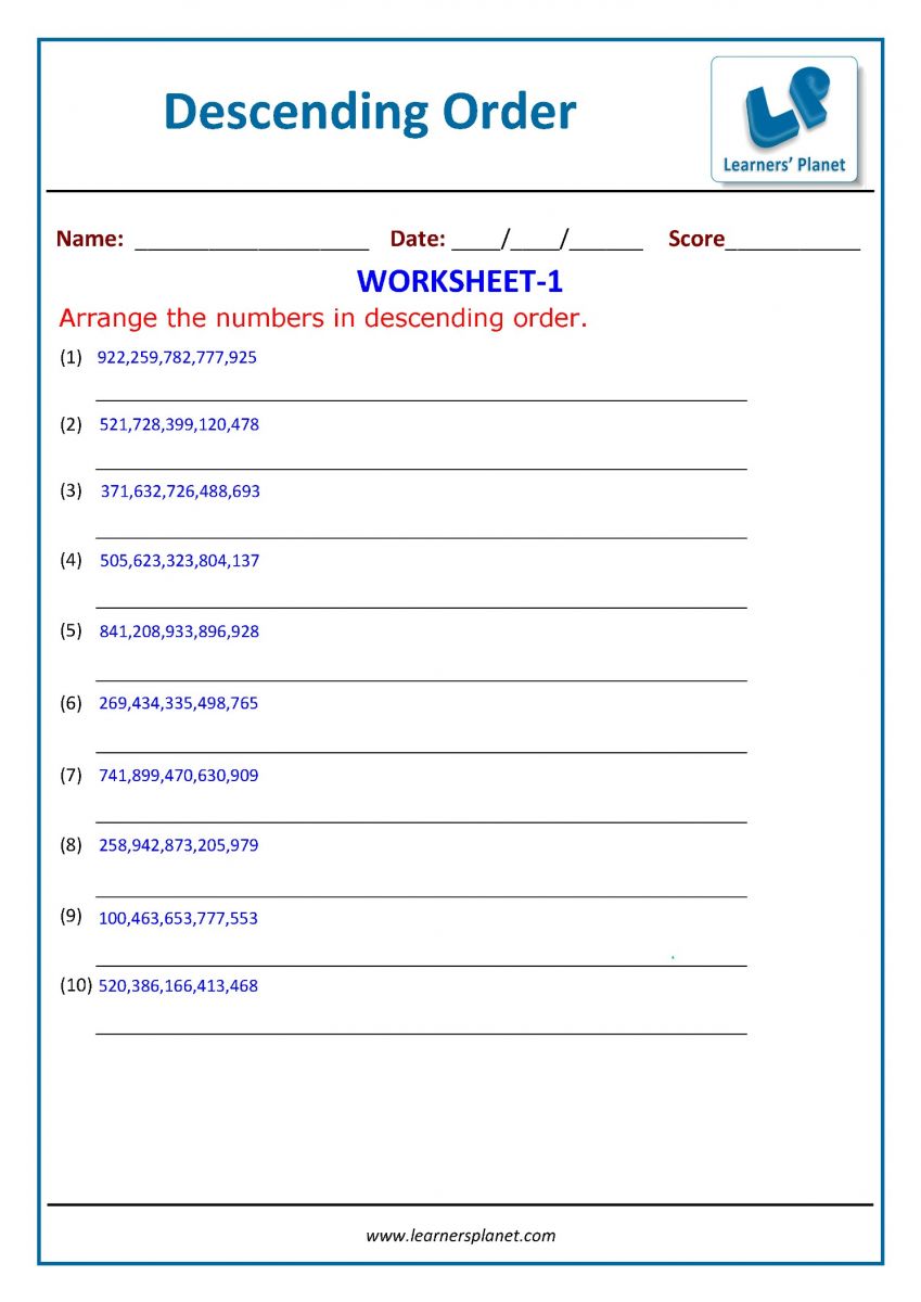3rd class maths ascending-descending order worksheets online
