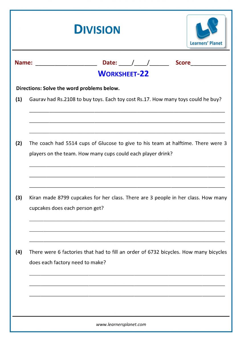 Printable PDF division worksheets 3rd grade CBSE math