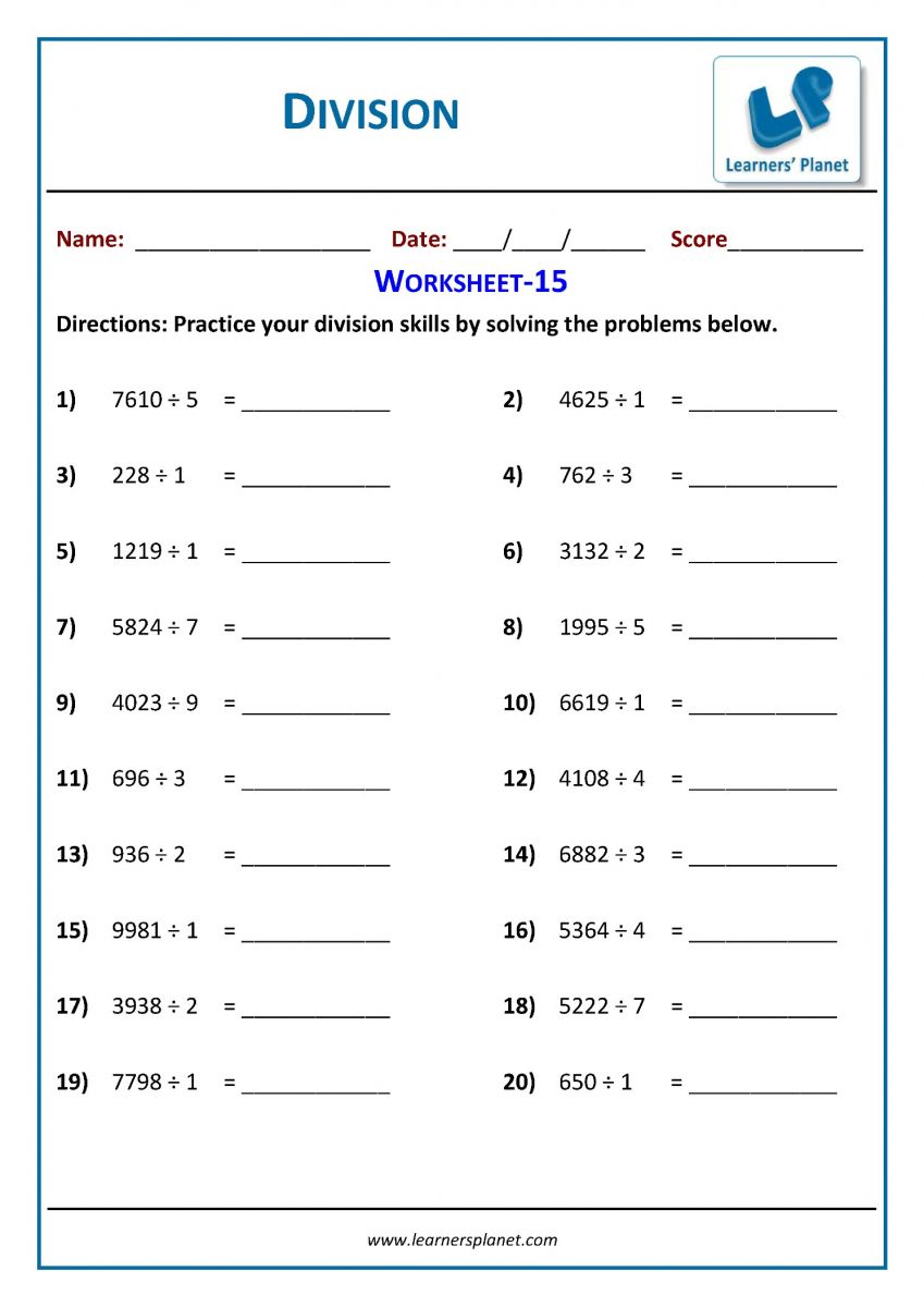Division problem worksheets Download PDF for class 3 math