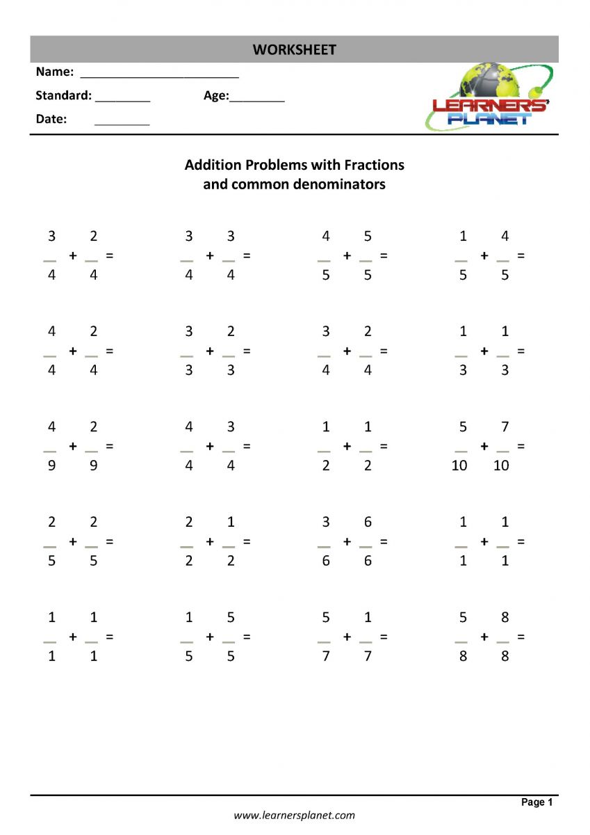 Worksheets for fraction addition class 3 math