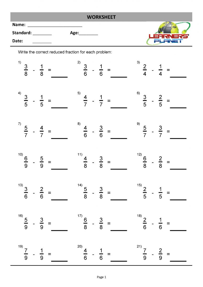 Grade 3 subtraction of fractions worksheets download