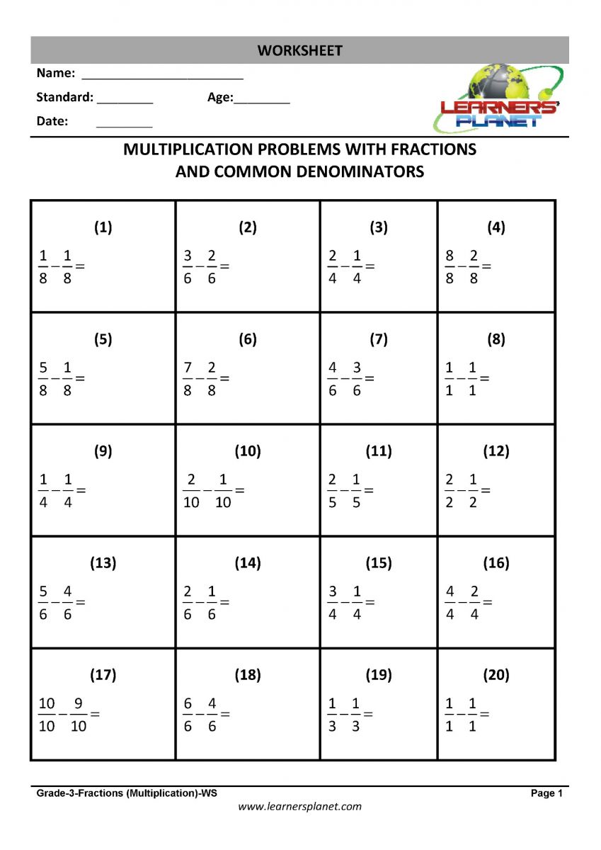 Subtracting fractions worksheets PDF for math class 3