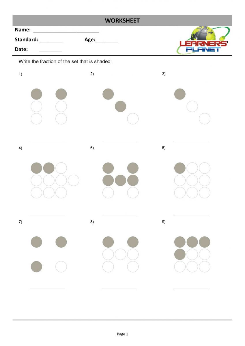 Fractions math class 3 worksheets PDF printable