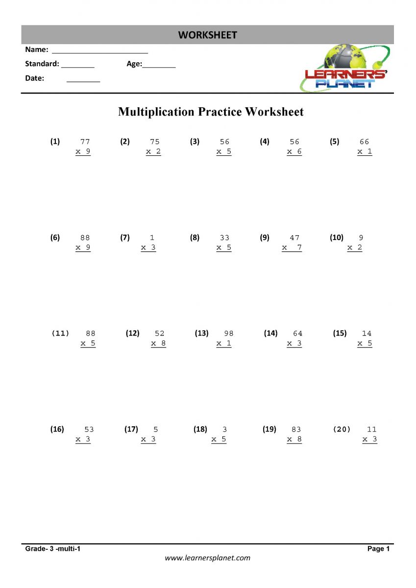 mathematics CBSE class 3 worksheets multiplication PDF download