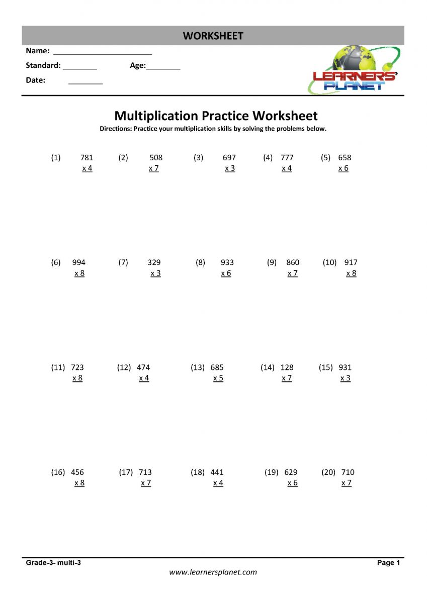 3rd mathematics multiplication practice questions PDF