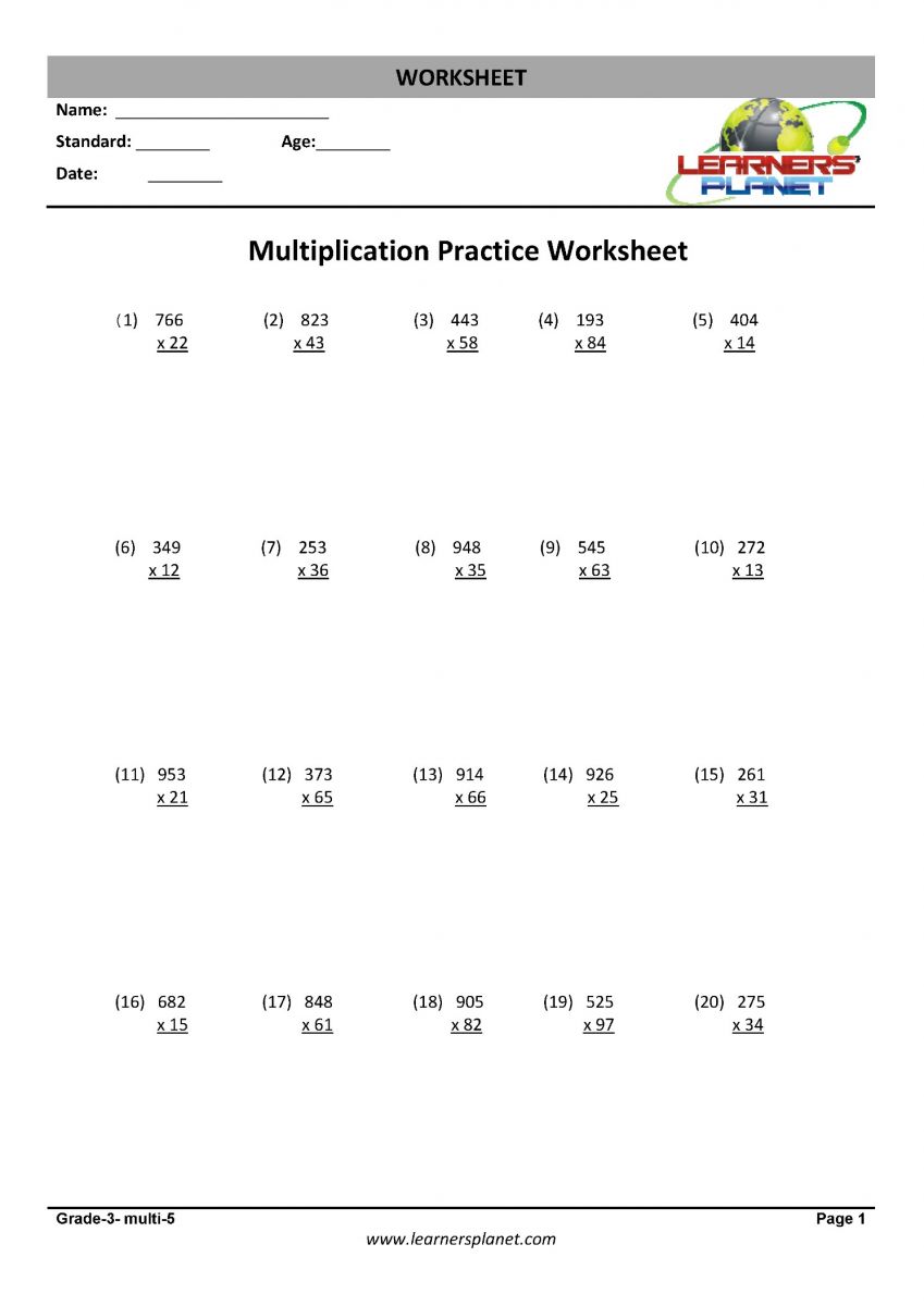 mathematics multiplications worksheets download PDF for class 3