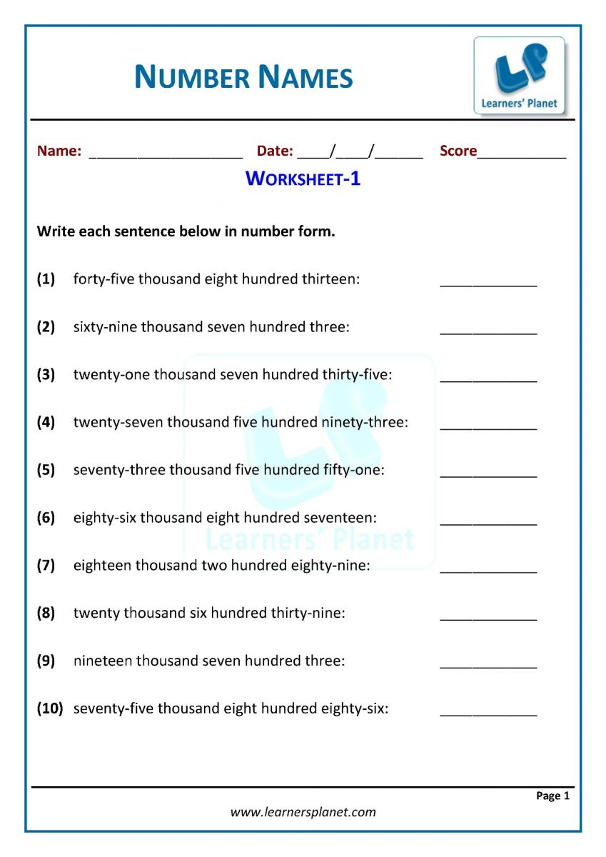 Number names worksheets math practice PDF download