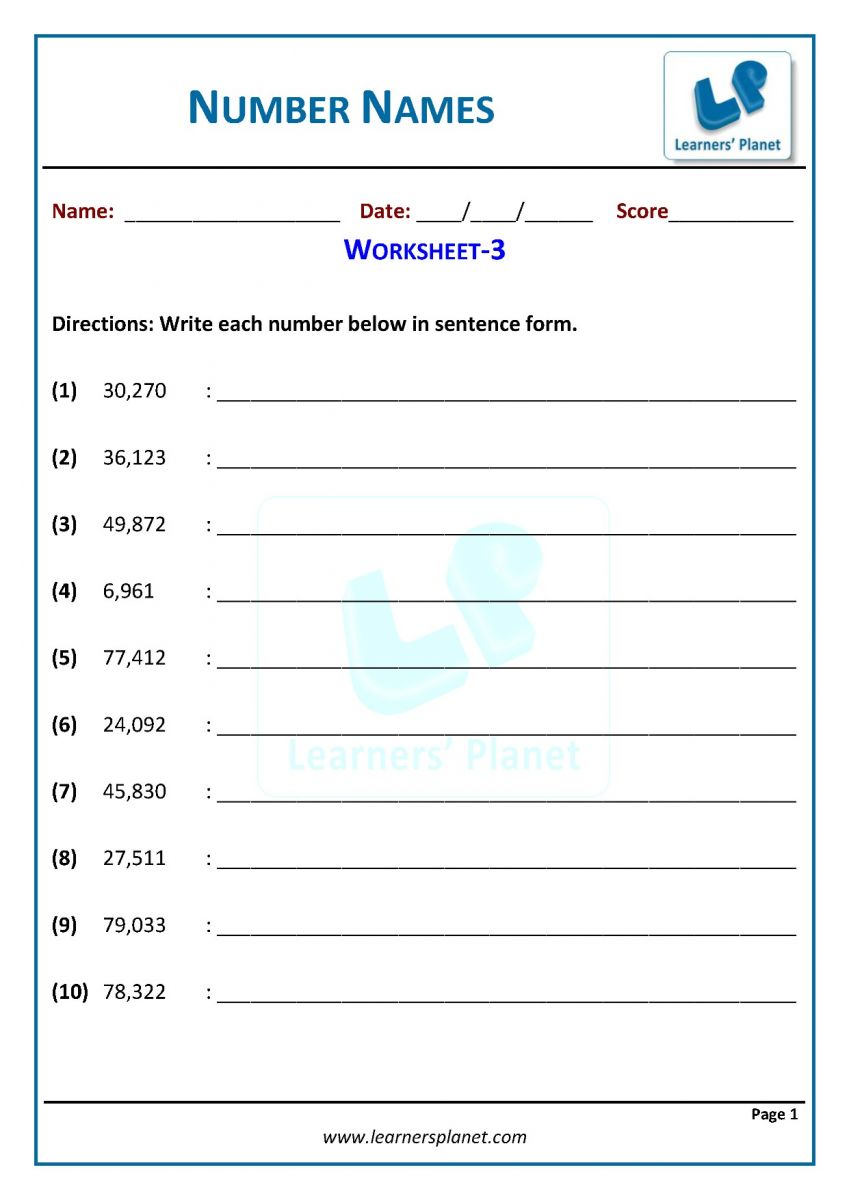 Numbers in words third grade math worksheets PDF download