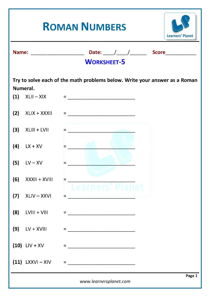 Roman numerals worksheets PDF math resources class 3