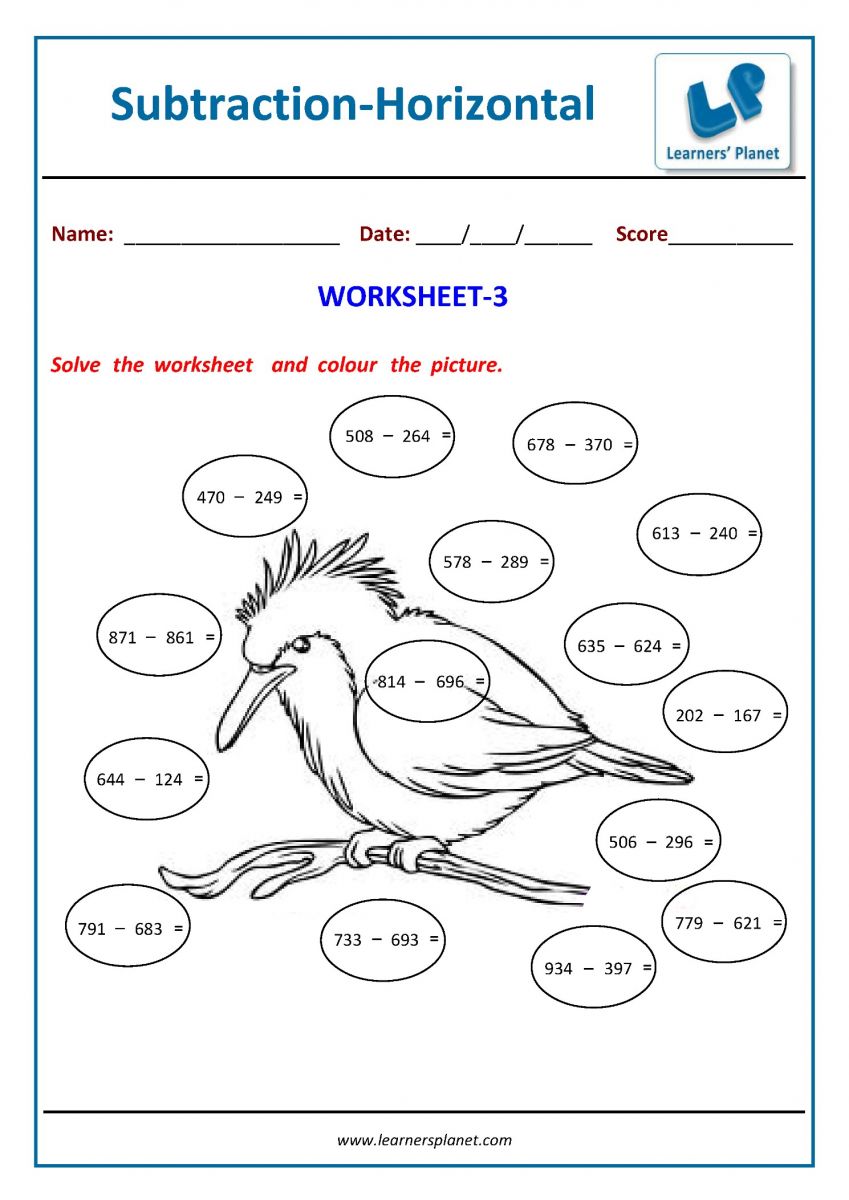 printable PDF subtraction math worksheets for class 3