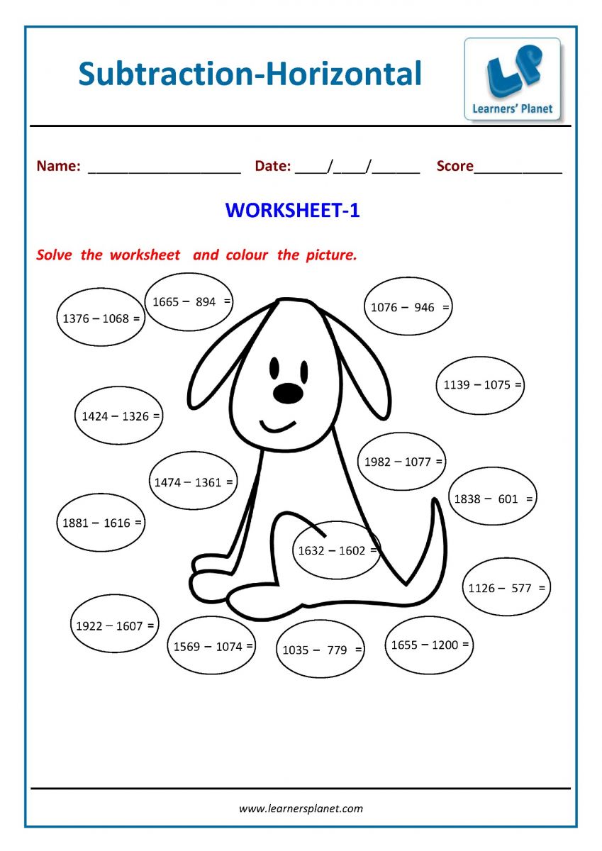 Horizontal subtraction math exercise for class 3