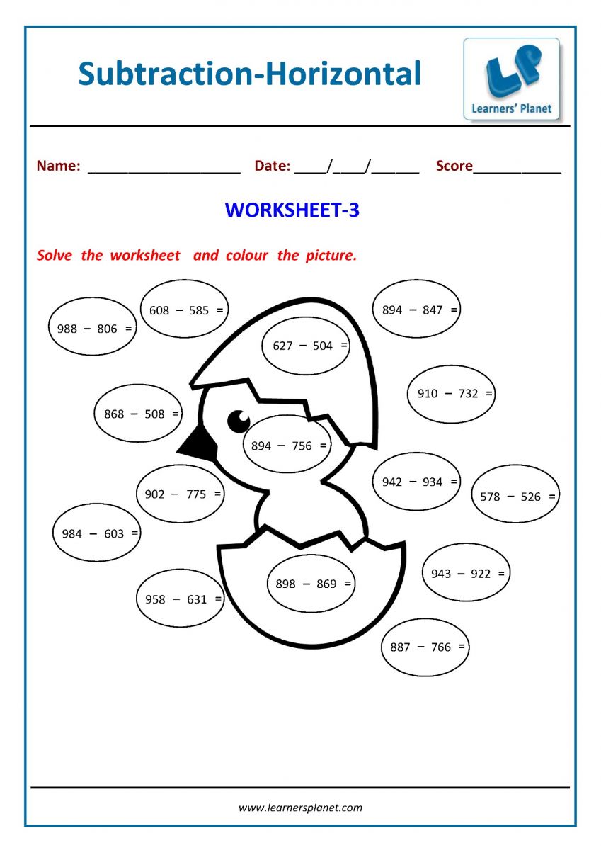 Subtracting worksheets math class 3 printable