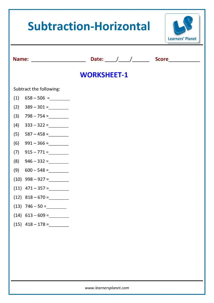 Three digit subtraction worksheets class 3 download PDF
