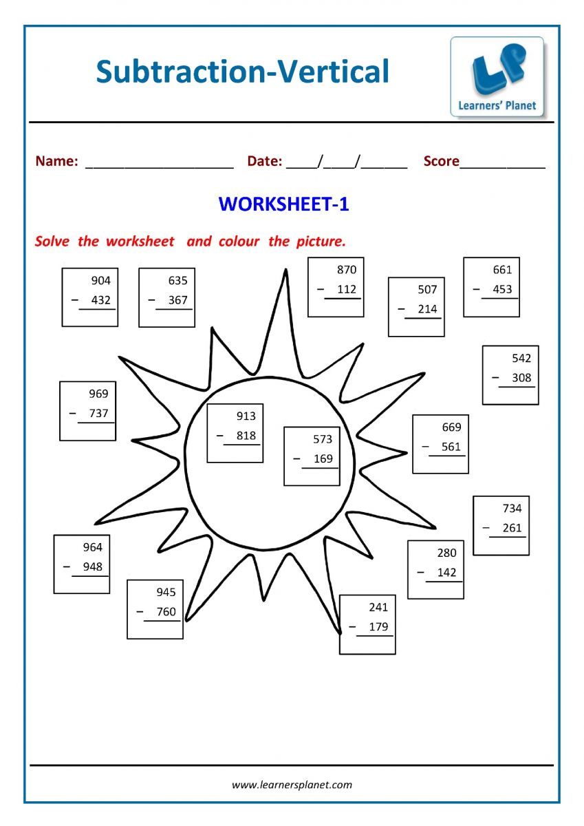 Math PDF worksheets subtraction class 3