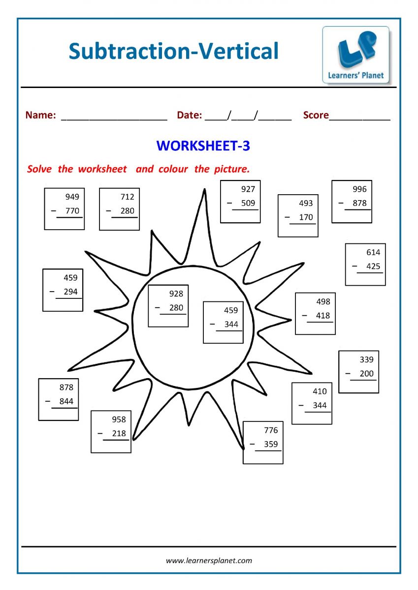 Subtraction worksheets Math PDF download class 3