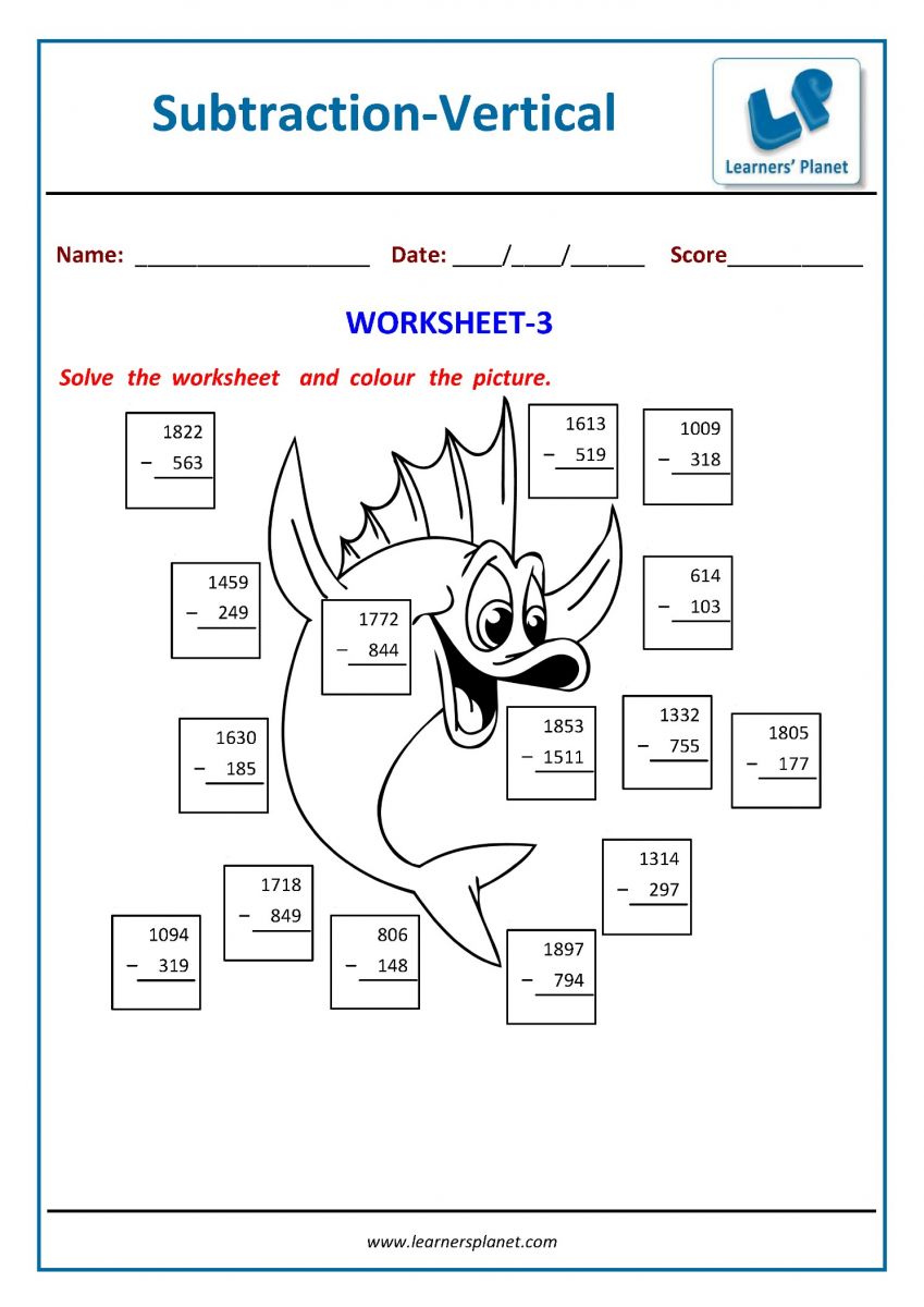 Class iii subtraction math activity worksheets PDF