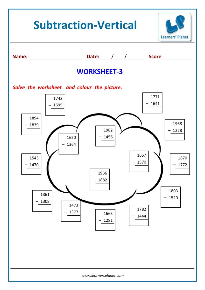 Printable PDF subtraction worksheets math grade 3 cbse
